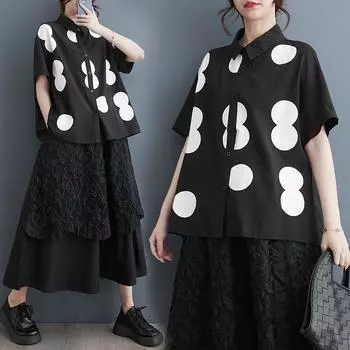 Dimanaf 2025 Большие размеры Новые летние блузки с коротким рукавом в горошек с принтом Винтажные повседневные женские свободные топы рубашки One Size чёрный