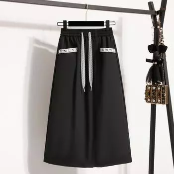 DIMANAF 2025 Большие размеры Новые весенние эластичные хлопковые юбки женские А-силуэта модная свободная юбка с высокой талией винтажное макси XL чёрный