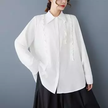 Dimanaf 2025 Большие размеры Новые весенние блузки рубашки женские с длинным рукавом базовые модные топы футболки свободные белые однотонные футболки L белый