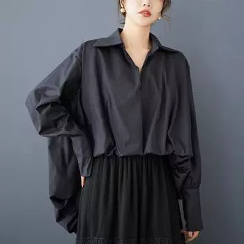 Dimanaf 2025 Большие размеры Новые весенние блузки рубашки женские с длинным рукавом Базовые модные топы футболки свободные однотонные футболки One Size чёрный