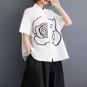 Dimanaf 2025 Большие размеры Новые женские блузки Летние базовые свободные рубашки с принтом с коротким рукавом Винтажные рубашки Повседневные топы Футболки One Size белый