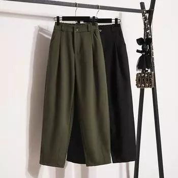 DIMANAF 2025 Большие размеры Осенние длинные брюки женские однотонные шаровары с высокой талией костюмные брюки повседневные свободные брюки новые большие размеры L чёрный