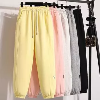 DIMANAF 2025 Большие размеры Весна Длинные брюки пояс женские однотонные шаровары эластичный пояс повседневные свободные желтые розовые свободные брюки новые M жёлтый