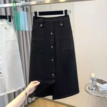 DIMANAF 2025 Большие размеры Весна Джинсовые юбки Женская одежда Карманы Мода А-силуэт Джинсовая юбка Высокая талия Кнопка XL чёрный