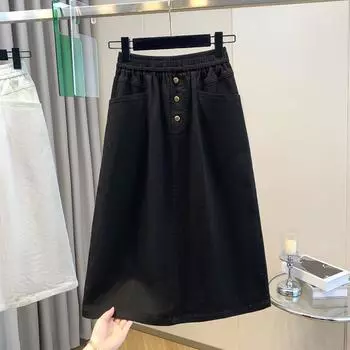 DIMANAF 2025 Большие размеры Весна Джинсовые Юбки Женщины А-силуэта Одежда Карманы Модные Джинсы Юбка Высокая Талия Пуговица XL чёрный