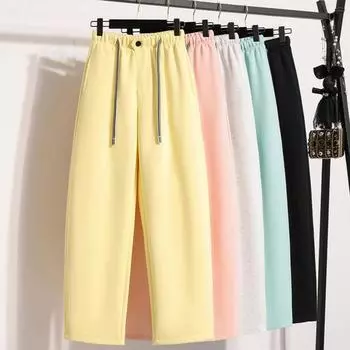 DIMANAF 2025 Большие размеры Весна Пуговицы Длинные брюки Женские однотонные эластичный пояс Повседневные свободные винтажные свободные брюки Новые M розовый