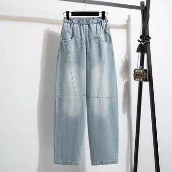 DIMANAF 2025 Большие размеры Женские весенние джинсы Длинные шаровары Повседневные эластичные базовые брюки с высокой талией Свободные L светло-синий