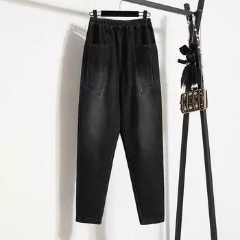 DIMANAF 2025 Большие размеры Женские весенние джинсы Длинные шаровары Повседневные эластичные базовые брюки с высокой талией Свободные L чёрный