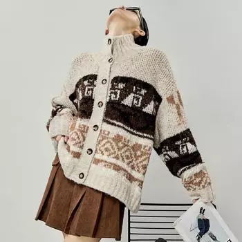 DIMANAF 2025 Большой размер Осенние свитера Кардиган Карманы Женщины Принт с узором Пуговицы Свитера Вязание Свободный свитер One Size бежевый