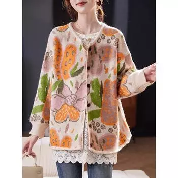 DIMANAF 2025 Цветочные свитера Кардиган Осень Женские с принтом С круглым вырезом Вязаные Свободный Оранжевый свитер One Size оранжевый