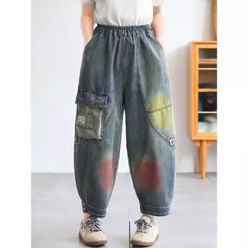 DIMANAF 2025 Джинсы больших размеров Женские Повседневные Брюки с широкими штанинами Высокая талия Эластичные Базовые Однотонные Свободные Брюки-гаремы M синий