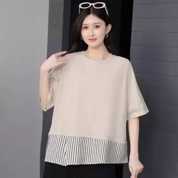 Dimanaf 2025 Футболка размера плюс, пуловер, летние женские асимметричные однотонные свободные футболки с коротким рукавом One Size