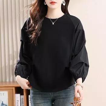 DIMANAF 2025 Футболка Весна Осень Женская Печать Однотонная Асимметричная Полный Рукав Свободная Белая Черная One Size