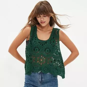 DIMANAF 2025 Футболка женская трикотажная кружевная жилетка с круглым вырезом ажурная летняя стильная базовая футболка свободная одежда One Size зелёный