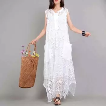 DIMANAF 2025 Летнее платье больших размеров для женщин, повседневное винтажное кружевное ажурное платье, свободное базовое длинное платье L белый