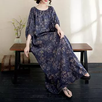 DIMANAF 2025 Летнее платье больших размеров для женщин Повседневное винтажное базовое принтованное длинное пляжное элегантное свободное платье One Size синий