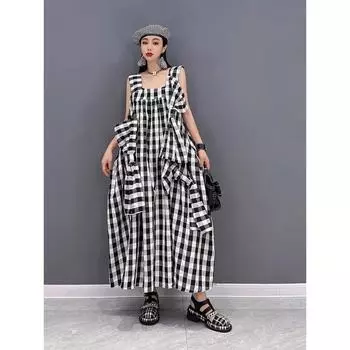 Dimanaf 2025 Летнее платье больших размеров для женщин, повседневное, винтажное, клетчатое, сарафан, свободное, базовое, без рукавов, платье One Size чёрный