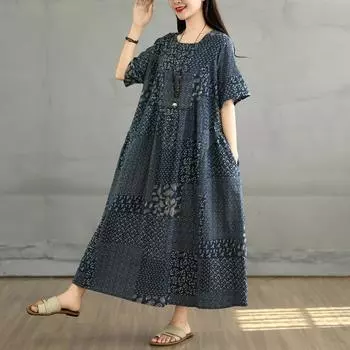 DIMANAF 2025 Летнее платье больших размеров для женщин, повседневное винтажное платье-рубашка свободного кроя, базовое платье с принтом L синий