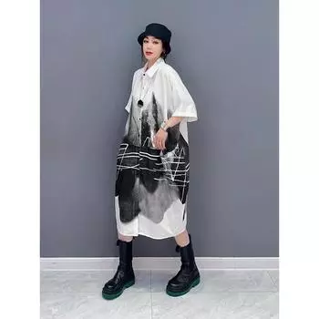 DIMANAF 2025 Летнее платье больших размеров для женщин Повседневное винтажное платье-рубашка Свободное базовое платье на пуговицах One Size белый