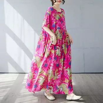 Dimanaf 2025 Летнее платье больших размеров, базовое женское винтажное длинное повседневное свободное платье с круглым вырезом и цветочным принтом, макси One Size фиолетовый