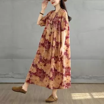 Dimanaf 2025 Летнее платье больших размеров для женщин Повседневное платье-рубашка Винтажное свободное базовое платье с цветочным принтом L красный