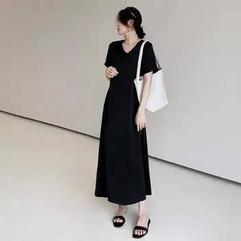 Dimanaf 2025 Летнее платье больших размеров для женщин, повседневное, свободное, винтажное, длинное, с V-образным вырезом, базовое, с коротким рукавом, платье макси L чёрный