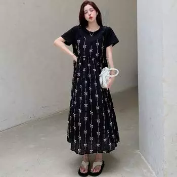 DIMANAF 2025 Летнее платье больших размеров для женщин Свободное повседневное платье Базовое винтажное платье с коротким рукавом и принтом в виде банта L чёрный
