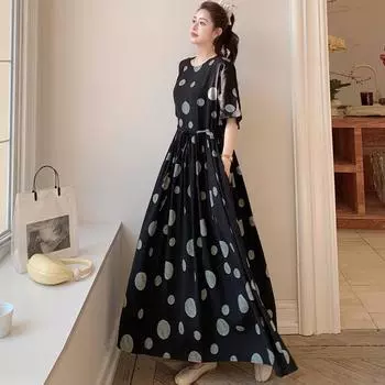 Dimanaf 2025 Летнее платье больших размеров для женщин, повседневное винтажное платье, базовое свободное длинное платье с принтом в горошек и круглым вырезом L чёрный
