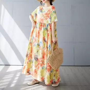 DIMANAF 2025 Летнее платье больших размеров для женщин с винтажным цветочным принтом Повседневное свободное базовое платье с круглым вырезом Макси One Size