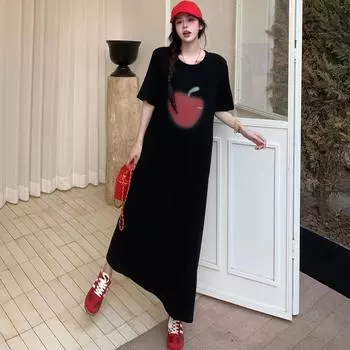 Dimanaf 2025 Летнее платье больших размеров для женщин Повседневное винтажное платье-рубашка с принтом Оверсайз Базовое длинное свободное платье XL чёрный