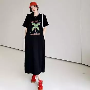 Dimanaf 2025 Летнее платье больших размеров для женщин, винтажное платье-рубашка, свободное базовое длинное элегантное повседневное платье с принтом L чёрный