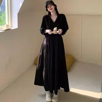Dimanaf 2025 Летнее платье больших размеров Женское повседневное винтажное платье с V-образным вырезом Оверсайз Базовое длинное свободное черное платье XL чёрный