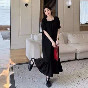 DIMANAF 2025 Летнее платье больших размеров для женщин, винтажное платье-рубашка, оверсайз, базовое длинное элегантное повседневное однотонное свободное платье L чёрный