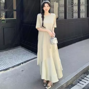 DIMANAF 2025 Летнее платье больших размеров для женщин, повседневное винтажное платье с круглым вырезом, базовое длинное элегантное свободное платье L зелёный