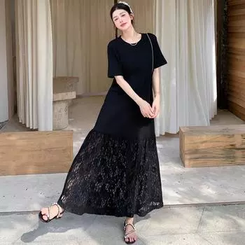 Dimanaf 2025 Летнее платье больших размеров Женское Повседневное Винтажное платье с кружевной вставкой Черное Базовое Длинное Свободное платье L чёрный