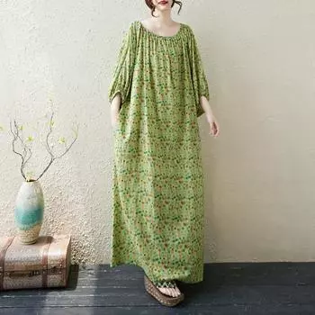 Dimanaf 2025 Летнее платье больших размеров для женщин, повседневное винтажное платье с цветочным принтом, длинное пляжное элегантное свободное платье One Size