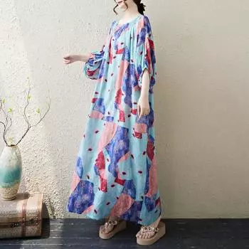 Dimanaf 2025 Летнее платье больших размеров Женское Повседневное Винтажное Цветочное платье Базовая Принтованная Длинное Пляжное Свободное Платье One Size