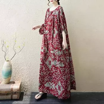 DIMANAF 2025 Летнее платье больших размеров для женщин Винтажное платье с цветочным принтом Базовое длинное пляжное элегантное свободное платье One Size