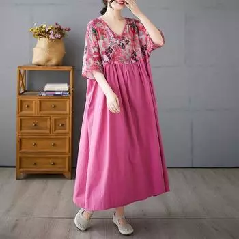 Dimanaf 2025 Летнее платье больших размеров, винтажное женское повседневное льняное платье, свободное базовое цветочное длинное платье макси One Size розовый