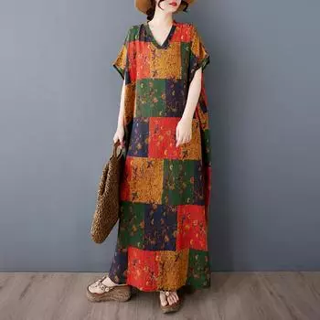 Dimanaf 2025 Летнее платье больших размеров для женщин Повседневное льняное винтажное длинное платье Свободное базовое хлопковое платье One Size оранжевый