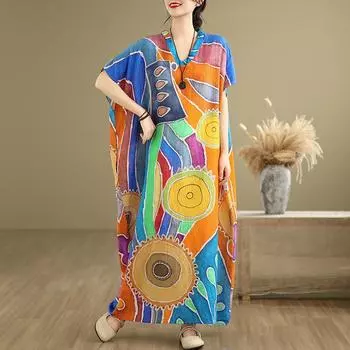 DIMANAF 2025 Летнее платье больших размеров для женщин, повседневное длинное винтажное платье, свободное базовое хлопковое платье с цветочным принтом one size