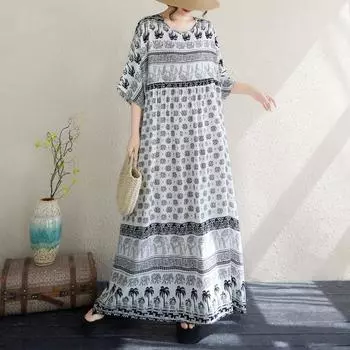 Dimanaf 2025 Летнее платье больших размеров Женское повседневное длинное винтажное платье Свободное базовое хлопковое платье большого размера One Size белый