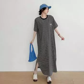 Dimanaf 2025 Летнее платье больших размеров для женщин, повседневное винтажное длинное платье с коротким рукавом, свободное базовое хлопковое полосатое платье L чёрный