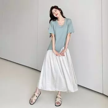 Dimanaf 2025 Летнее платье больших размеров для женщин, повседневное винтажное длинное платье с коротким рукавом, свободное базовое хлопковое плиссированное платье L синий