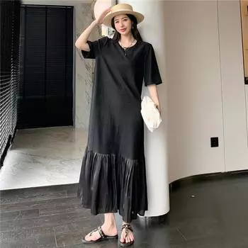 Dimanaf 2025 Летнее платье больших размеров для женщин, повседневное винтажное длинное платье с коротким рукавом, свободное базовое черное плиссированное платье L чёрный