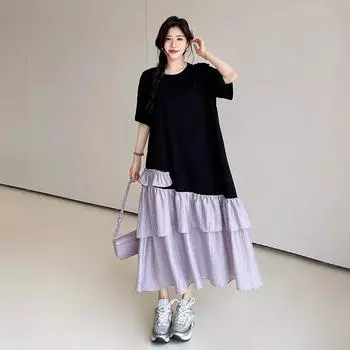 Dimanaf 2025 Летнее платье больших размеров для женщин, повседневное винтажное длинное платье, свободное базовое хлопковое плиссированное платье L чёрный