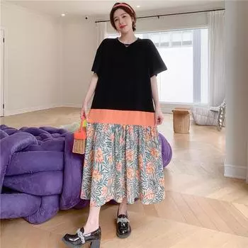 Dimanaf 2025 Летнее платье больших размеров для женщин, повседневное, винтажное, с цветочным принтом, с коротким рукавом, длинное, свободное, базовое, хлопковое платье L чёрный