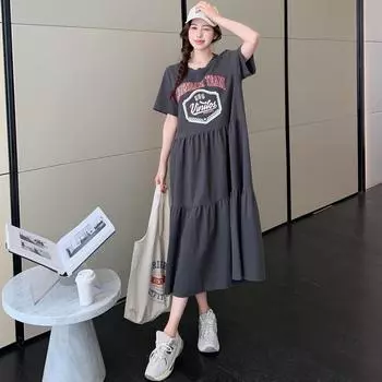 Dimanaf 2025 Летнее платье больших размеров для женщин, повседневное хлопковое длинное платье, свободное базовое винтажное платье с коротким рукавом и принтом XL темно-серого