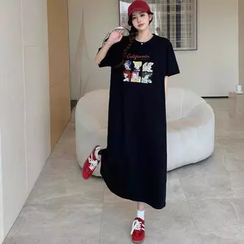 Dimanaf 2025 Летнее платье больших размеров для женщин, повседневное, винтажное, длинное, свободное, базовое, с принтом мультфильмов, платье с коротким рукавом XL чёрный