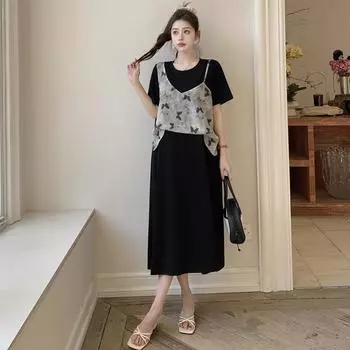 Dimanaf 2025 Летнее платье больших размеров для женщин, повседневное, с принтом, винтажное, с коротким рукавом, длинное, хлопковое, свободное, базовое платье XL чёрный